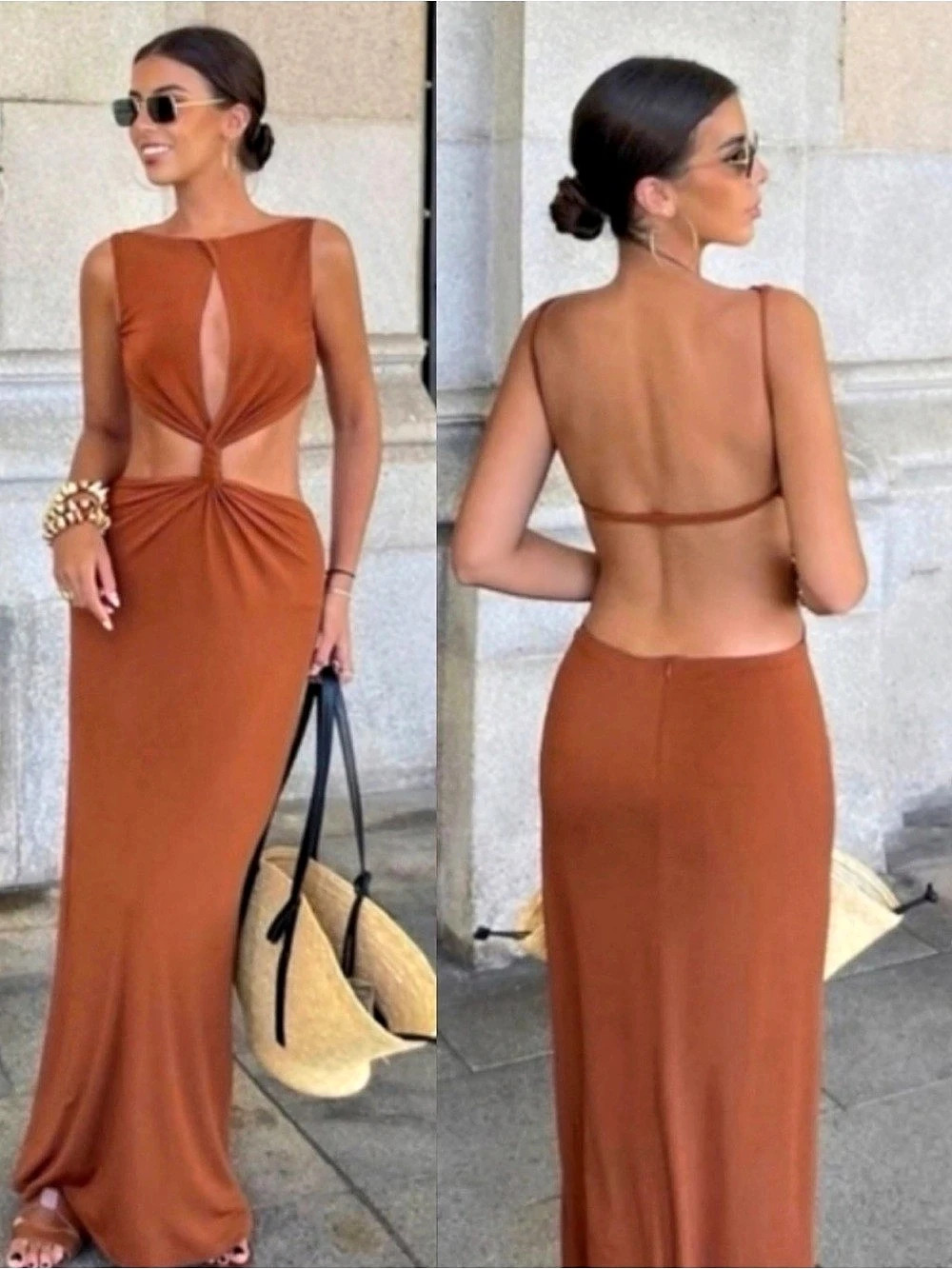 Zara Rust Cut Out Midi Dress Brown Size Large